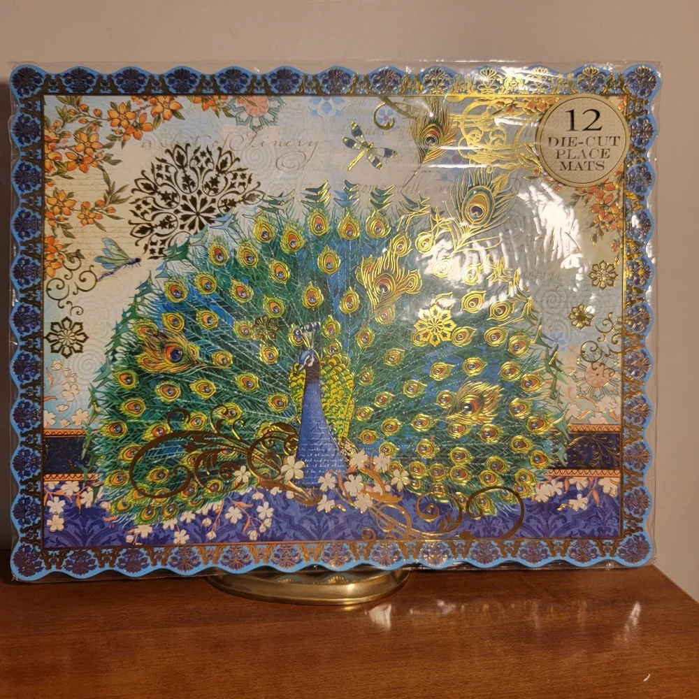 New Pier 1 Peacock Placemats 12 Count Die-Cut Gold Foil Paper Table Décor 14X11